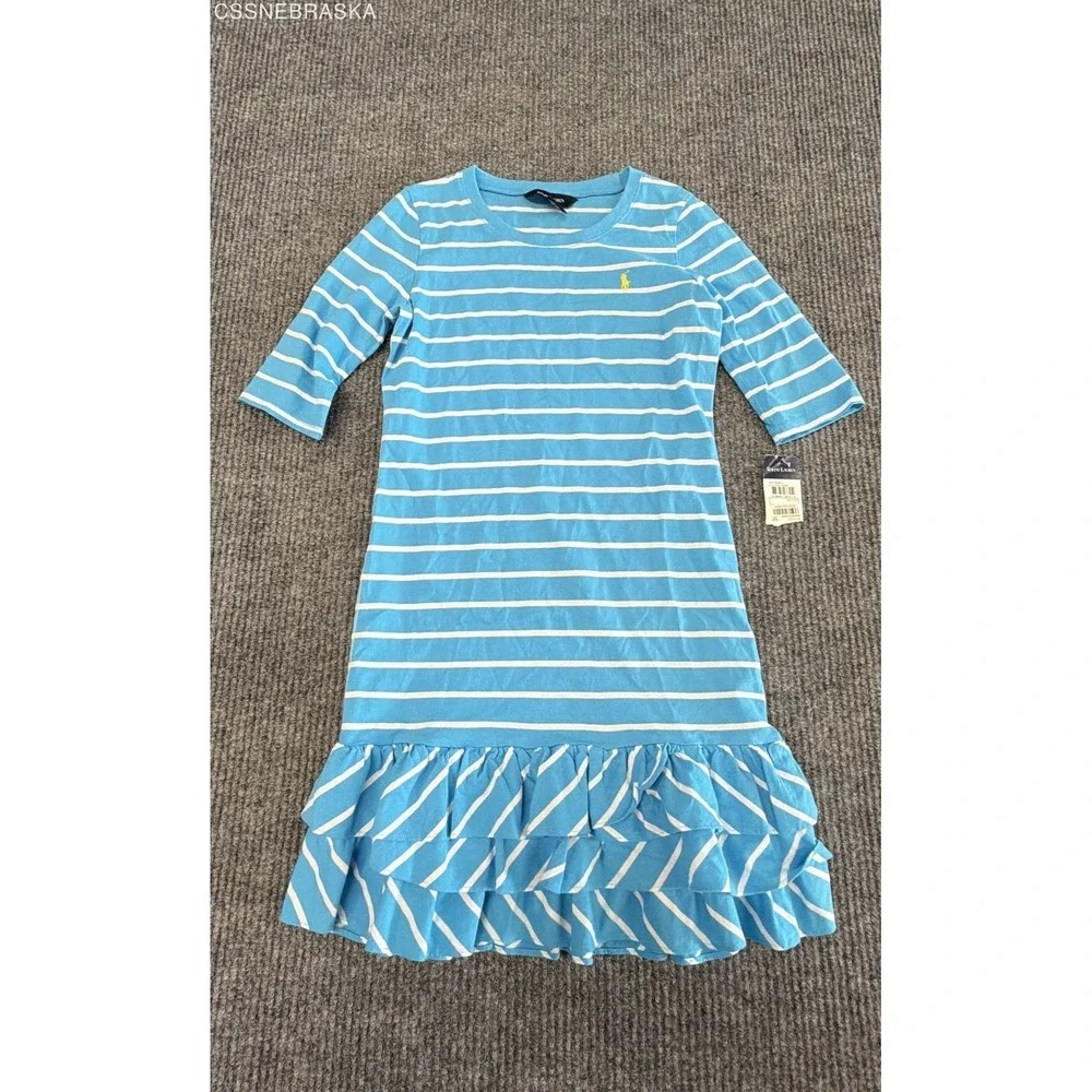 Ralph Lauren Girls Blue Striped Ruffle Hem Dress 3/4 Sleeve NWT Size L 12/14